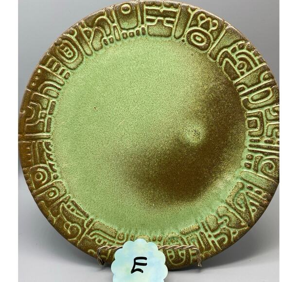 Vintage Mayan Aztec Frankoma Dinner plate Rutile Glaze Prairie Green Each Unique - Picture 8 of 10